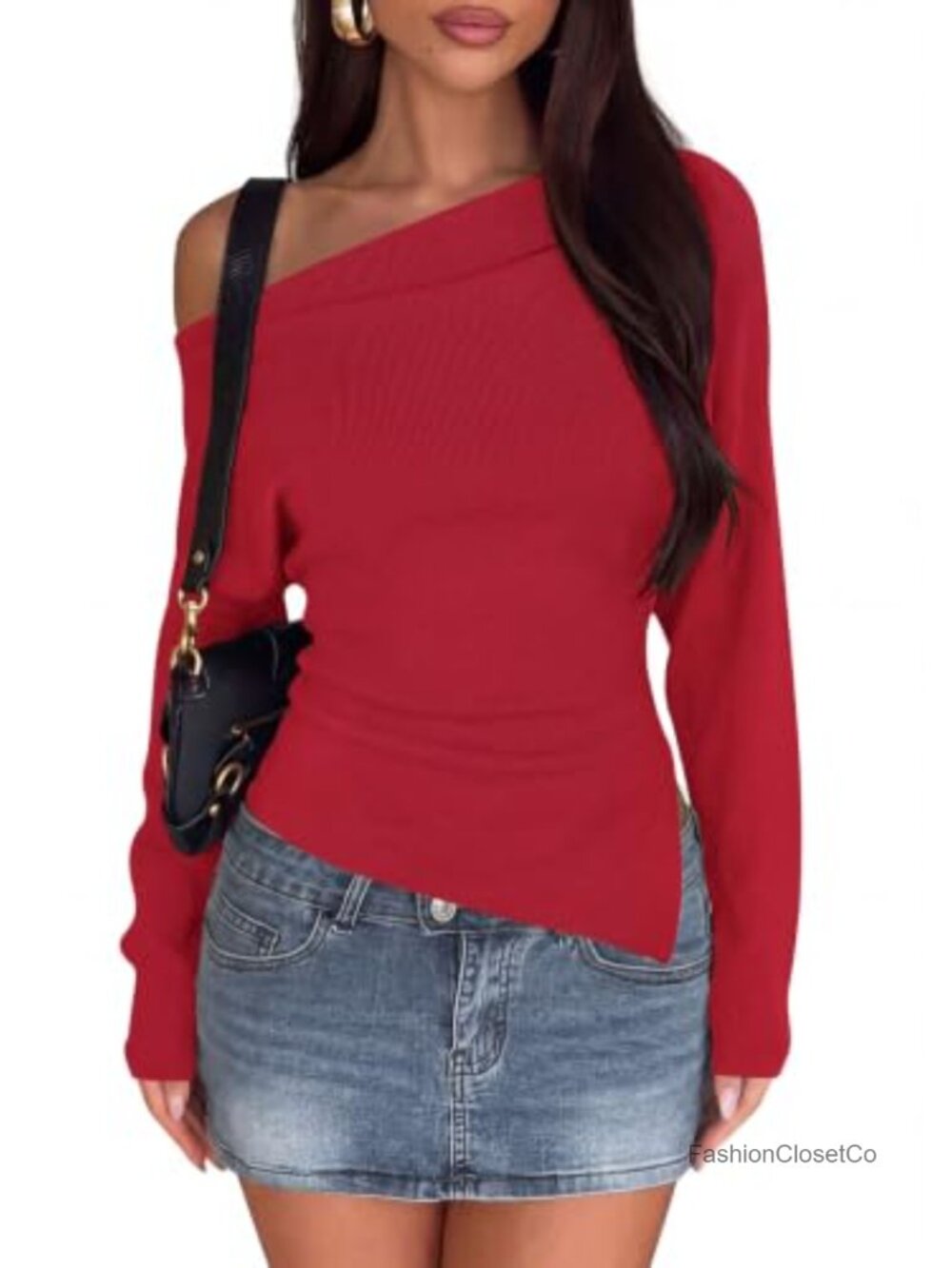 Womens Off Shoulder Batwing Knit Sweater Long Sleeve Pullover Asymmetric Hem